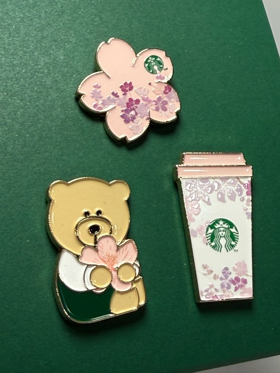 Starbucks Cherry Blossom Enamel Pin Set – 3 Pins Bear Sakura Cup NEW - Picture 2 of 3